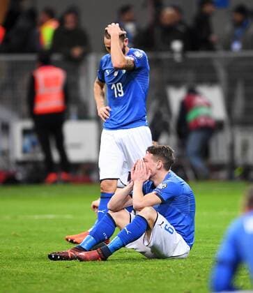 Football International World Cup 2018 Play Off Rueckspiel in Milan 13 11 2017 Italy Sweden Emttaeuschung Italy After the Game Andrea Belotti Bottom and Leonardo Bonucci rear Milan