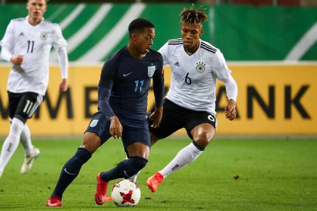 Germany Italy Football U20 Country game Zwickau 14 11 2017 Stadium Zwickau Football U20 international match Germany England in Picture v l Chris Willock U20 tight and Dzenis Burnic U20 ger Stuttgart