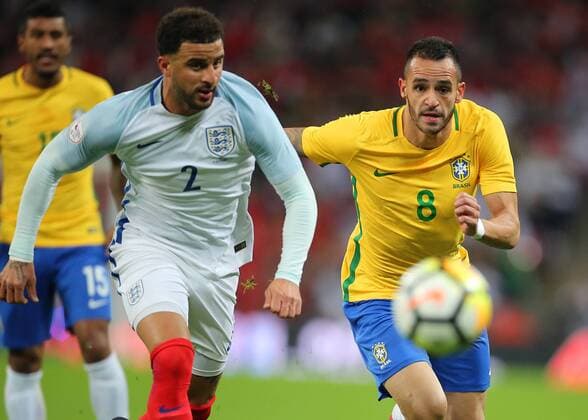 14th November 2017, Wembley Stadium, London, England; International football friendly, England versus Brazil; Renato Augusto of Brazil and Kyle Walker of England chase a loose ball  ActionPlus11951263