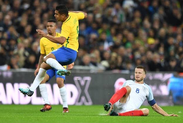 England v Brazil International Friendly L?nderspiel Eric Dier (c) of England and Casemiro of Brazil during the International Friendly match at Wembley Stadium, London Content Not Available For UK Newspapers Copyright: xSimonxDaelx FIL-10953-0013