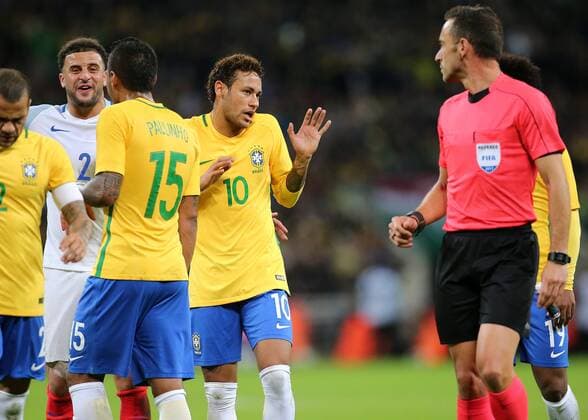 14th November 2017, Wembley Stadium, London, England; International football friendly, England versus Brazil; Neymar of Brazil receives words off Referee Artur Manuel Ribeiro Soares Dias  ActionPlus11951374