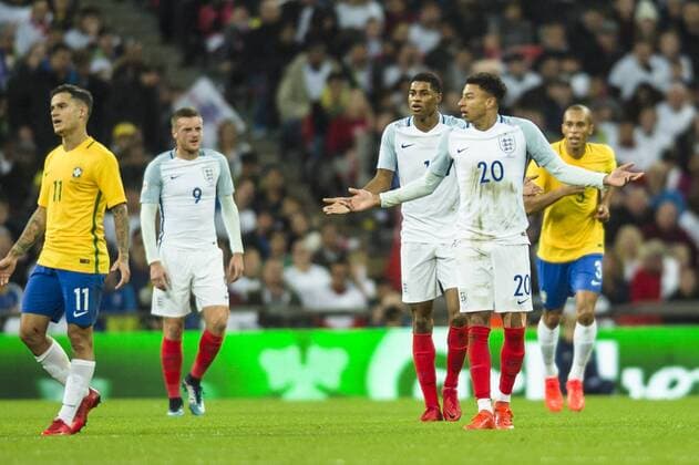 Jesse Lingard of England and Marcus Rashford of England question a decision during the International Friendly Länderspiel match between England and Brazil at Wembley Stadium, London, England on 14 November 2017. Copyright: xDarrenxMusgrovex 17720054