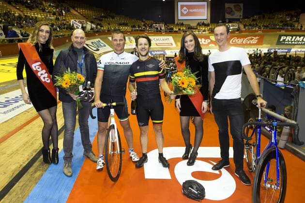 Former Belgian cyclist Ludo Dierckxsens, Belgian singer Koen Buyse, Belgian singer Frederik Sioen and Belgian road cyclist Edward Theuns pictured during a celebrity race at the first day of the Zesdaagse Vlaanderen-Gent six-day indoor cycling race at the indoor cycling arena t Kuipke, Tuesday 14 November 2017, in Gent. This year s edition takes place from November 14th until November 19th. KRISTOFxVANxACCOM  x05200561x