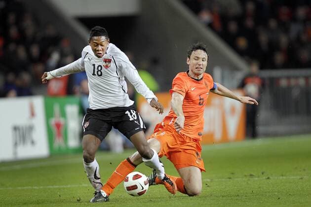 EINDHOVEN Netherlands Austria results 3 1 friendly interland season 2010 2011 09 02 2011 duel between David Alaba l and Mark van Bommel r Netherlands Austria