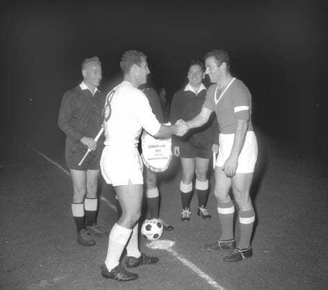 European Champions Cup 1964 1965 1 round 1 FC Cologne Partizan Tirana 2 0 23 09 1964 Welcoming the captains Li Hans Schäfer Cologne HM