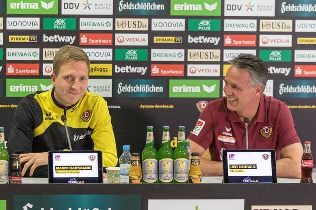Team captain Marco Hartmann and head coach Uwe Nauhaus v l at the press conference before the home game against Kaiserslautern SG Dynamo Dresden vs 1 FC Kaiserslautern 14 Matchday