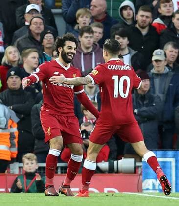 18th November 2017, Anfield, Liverpool, England; EPL Premier League football, Liverpool versus Southampton; Mohammed Salah of Liverpool celebrates his second goal with team mate Philippe Coutinho of Liverpool  ActionPlus11952869