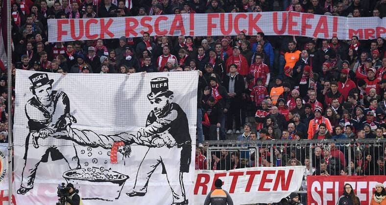 Football 1 Bundesliga Season 2017 2018 12 Matchday FC Bayern Muenchen FC Augsburg 18 11 2017 Bayern Muenchen fans protest with banners in the south curve against the ticket prices at the CHL away game RSC Anderlecht and against the UEFA Munich