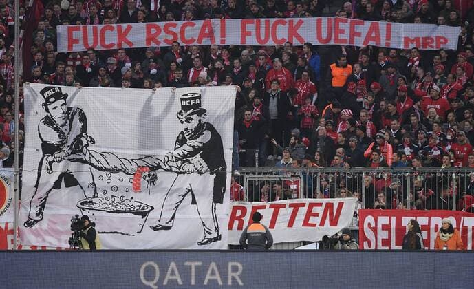 Football 1 Bundesliga Season 2017 2018 12 Matchday FC Bayern Muenchen FC Augsburg 18 11 2017 Bayern Muenchen fans protest with banners in the south curve against the ticket prices at the CHL away game RSC Anderlecht and against the UEFA Munich