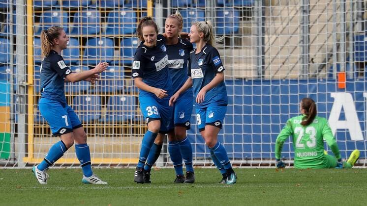 Emily Evels TSG 7 Fabienne Dongus TSG 33 Goalkeeper Stephanie Breitner TSG 12 Judith Steinert TSG 19 celebrate the goal to celebrate the 1 0 Jubel Torjubel goal achievement celebrate the goal goal celebration cheering over the goal optimistic action action xozx