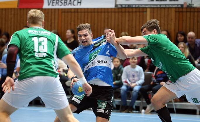 v left Patrick Gempp DJK Rimpar Wolves Felix Handschke HC Rhein Vikings Lukas Böhm DJK Rimpar Wolves DKB 2 Handball Bundesliga DJK Rimpar Wolves HC Rhein Vikings xfsx
