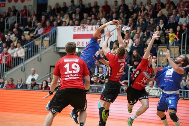 from left to right Luca de Boer Nordhorn Lingen Jonah Schoch HBW Balingen NickyVerjans Nordhorn Lingen Yannick Fraatz Nordhorn Lingen Christoph Foth HBW Balingen Nordhorn Lingen Copyright: xEibner-Pressefoto Westdoerpx EP_pauschal