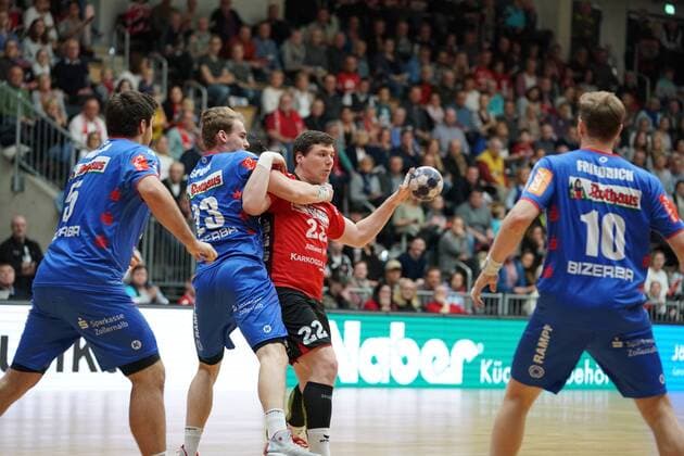 Tobias Wagner Valentin Spohn both HBW Balingen Philipp Vorlicek Nordhorn Lingen Lars Friedrich HBW Balingen Nordhorn Lingen Copyright: xEibner-Pressefoto Westdoerpx EP_pauschal