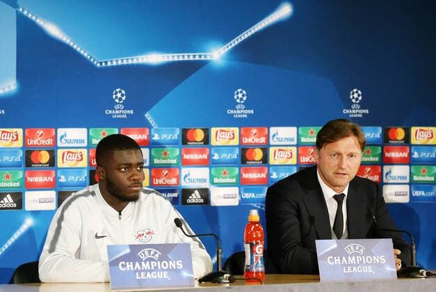 RB Leipzig PK Football Champions League Monaco 20 11 2017 Stade Louis II Football UEFA Champions League Group G 5 Gameday Press Conference the day before the match AS Monaco vs RB Leipzig In the picture Dayot Upamecano l player RB Leipzig and coach Ralph Hasenhüttl Hasenhuettl RB Leipzig