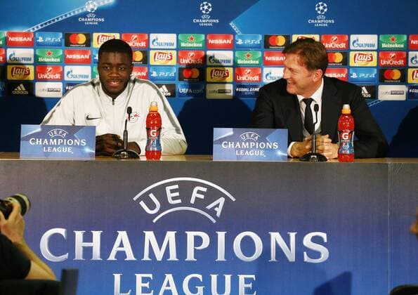 RB Leipzig PK Football Champions League Monaco 20 11 2017 Stade Louis II Football UEFA Champions League Group G 5 Gameday Press Conference the day before the match AS Monaco vs RB Leipzig In the picture Dayot Upamecano l player RB Leipzig and coach Ralph Hasenhüttl Hasenhuettl RB Leipzig