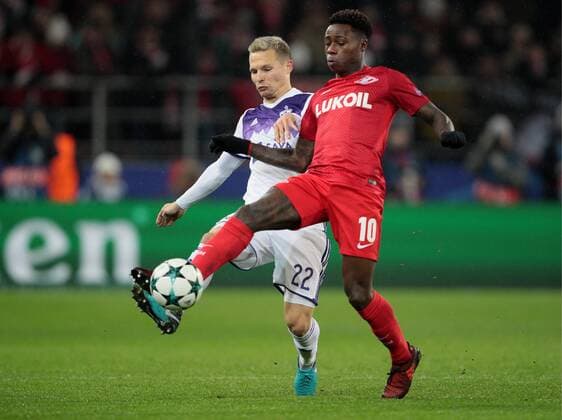 MOSCOW, RUSSIA - NOVEMBER 21, 2017: Maribor s Martin Milec (L) and Spartak Moscow s Quincy Promes in the 2017 UEFA Champions League Group E football match between Spartak Moscow and Maribor at Otkrytiye Arena (Spartak Stadium). Sergei Bobylev TASS  TS06A013