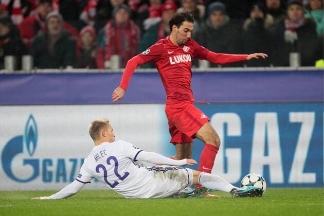MOSCOW, RUSSIA - NOVEMBER 21, 2017: Maribor s Martin Milec (bottom) and Spartak Moscow s Ivelin Popov in the 2017 UEFA Champions League Group E football match between Spartak Moscow and Maribor at Otkrytiye Arena (Spartak Stadium). Sergei Bobylev TASS  TS06A04B
