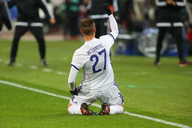 MOSCOW, RUSSIA - NOVEMBER 21, 2017: Maribor s Jasmin Mesanovic celebrates as he scores a goal in the 2017 UEFA Champions League Group E football match between Spartak Moscow and Maribor at Otkrytiye Arena (Spartak Stadium); the match ended in a 1-1 draw. Anton Novoderezhkin TASS  TS06A075