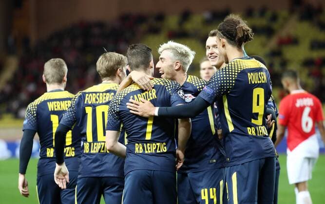 AS Monaco RB Leipzig Soccer Champions League Monaco 21 11 2017 Stade Louis II Soccer Champions League Group G 5 Gameday AS Monaco vs RB Leipzig Leipzig goal celebrations after 0 1 by Jorge 6 Monaco own goal In the picture vl Timo Werner Emil Forsberg Marcel Sabitzer Kevin Kampl Lukas Klostermann and Yussuf Poulsen all Leipzig