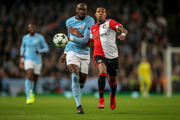 21st November 2017, Etihad Stadium, Manchester, England; UEFA Champions League, Manchester City versus Feyenoord; Jean-Paul Bo& xeb;tius of Feyenoord and Eliaquim Mangala of Manchester City compete for the ball  ActionPlus11954379