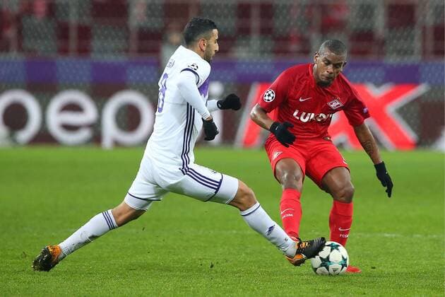 MOSCOW, RUSSIA - NOVEMBER 21, 2017: Maribor s Marwan Kabha (L) and Spartak Moscow s Fernando in the 2017 UEFA Champions League Group E football match between Spartak Moscow and Maribor at Otkrytiye Arena (Spartak Stadium); the match ended in a 1-1 draw. Anton Novoderezhkin TASS  TS06A024