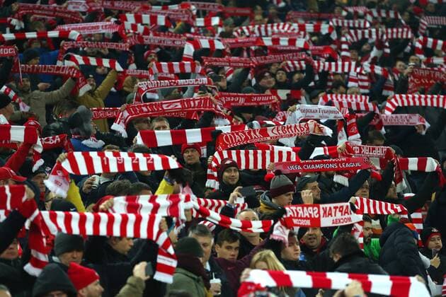 MOSCOW, RUSSIA - NOVEMBER 21, 2017: Spartak Moscow fans hold up scarves in the 2017 UEFA Champions League Group E football match between Spartak Moscow and Maribor at Otkrytiye Arena (Spartak Stadium); the match ended in a 1-1 draw. Anton Novoderezhkin TASS  TS069FDE