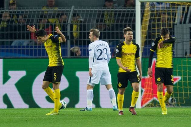 Dortmund Germany 26 09 2017 UEFA Champions League 2017 18 Season Group Stage Group H 5 Matchday BV Borussia Dortmund Tottenham Hotspur Marc Bartra BVB Raphael Guerreiro BVB Julian Weigl BVB disappointed DeFodi001 after scoring the 1 2 goal
