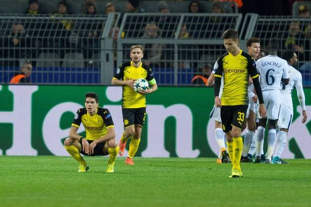 Dortmund Germany 26 09 2017 UEFA Champions League 2017 18 Season Group Stage Group H 5 Matchday BV Borussia Dortmund Tottenham Hotspur Marc Bartra BVB Marcel Schmelzer BVB and Julian Weigl BVB disappointed DeFodi001 after scoring the 1 2