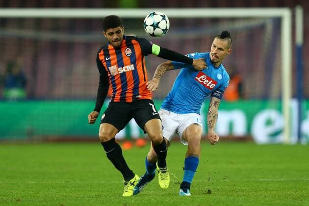 November 21, 2017 - Naples, Italy - Taison of Shakhtar Donetsk vies Marek Hamsik of Napoli during the UEFA Champions League Group F football match Napoli vs Shakhtar Donetsk on November 21, 2017 at the San Paolo stadium in Naples. SSC Napoli v Shakhtar Donetsk - UEFA Champions League  - ZUMAn230 20171121_zaa_n230_262 Copyright: xMatteoxCiambellix