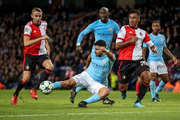 21st November 2017, Etihad Stadium, Manchester, England; UEFA Champions League, Manchester City versus Feyenoord; Sergio Ag& xfc;ero of Manchester City gets a shot on target as he falls  ActionPlus11954446
