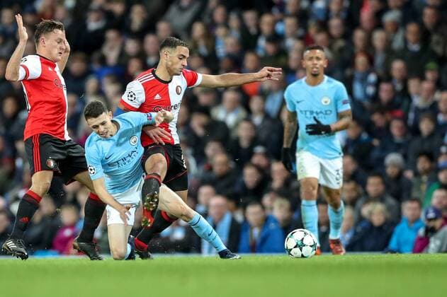21st November 2017, Etihad Stadium, Manchester, England; UEFA Champions League, Manchester City versus Feyenoord; Sofyan Amrabat of Feyenoord gets a yellow card for a hard tackle  ActionPlus11954448