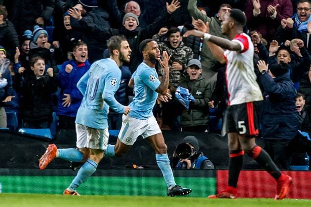 MANCHESTER - Manchester City - Feyenoord , Voetbal , Seizoen 2017 2018 , Champions League , Etihad Stadium , 21-11-2017 , Manchester City speler Raheem Sterling scoort de 1-0 en viert dit maar Feyenoord speler Ridgeciano Haps (r) baalt Manchester City - Feyenoord  x1821969x