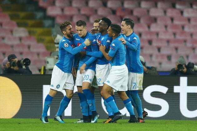 November 21, 2017 - Naples, Italy - Napoli players celebration after the goal of 2-0 scored by Piotr Zielinski during the UEFA Champions League Group F football match Napoli vs Shakhtar Donetsk on November 21, 2017 at the San Paolo stadium in Naples. SSC Napoli v Shakhtar Donetsk - UEFA Champions League  - ZUMAn230 20171121_zaa_n230_360 Copyright: xMatteoxCiambellix