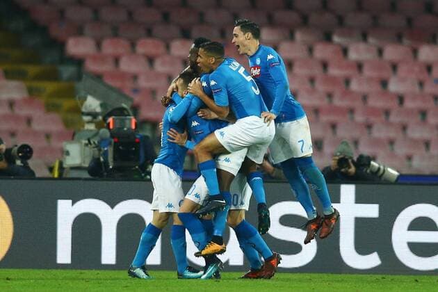 November 21, 2017 - Naples, Italy - Napoli players celebration after the goal of 2-0 scored by Piotr Zielinski during the UEFA Champions League Group F football match Napoli vs Shakhtar Donetsk on November 21, 2017 at the San Paolo stadium in Naples. SSC Napoli v Shakhtar Donetsk - UEFA Champions League  - ZUMAn230 20171121_zaa_n230_364 Copyright: xMatteoxCiambellix