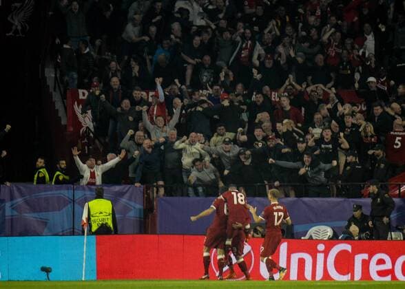 21st November 2017, Ramon Sanchez Pizjuan, Seville, Spain; UEFA Champions League, Seville versus Liverpool; Liverpool players celebrating Firmino s goal with their fans in the 2nd minute  ActionPlus11954486
