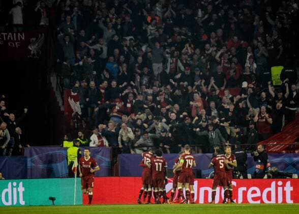 21st November 2017, Ramon Sanchez Pizjuan, Seville, Spain; UEFA Champions League, Seville versus Liverpool; Liverpool players celebrating 1-0 goal with their fans in the 2nd minute  ActionPlus11954487