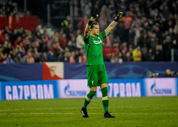 21st November 2017, Ramon Sanchez Pizjuan, Seville, Spain; UEFA Champions League, Seville versus Liverpool; Karius of Liverpool celebrating as his team scores their 2nd goal from Mane in the 22nd minute  ActionPlus11954499