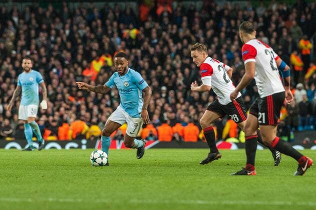 Manchester City v Feyenoord Rotterdam UEFA Champions League Raheem Sterling of Manchester City pushes forward during the UEFA Champions League match at the Etihad Stadium, Manchester Content Not Available For UK Newspapers Copyright: xMattxWilkinsonx FIL-10984-0060