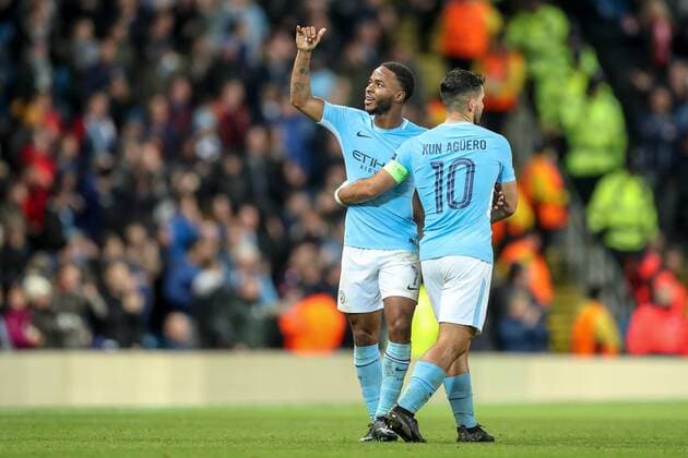 21st November 2017, Etihad Stadium, Manchester, England; UEFA Champions League, Manchester City versus Feyenoord; Raheem Sterling of Manchester City thanks the fans after scoring a goal in the last minute of normal time 1-0  ActionPlus11954552