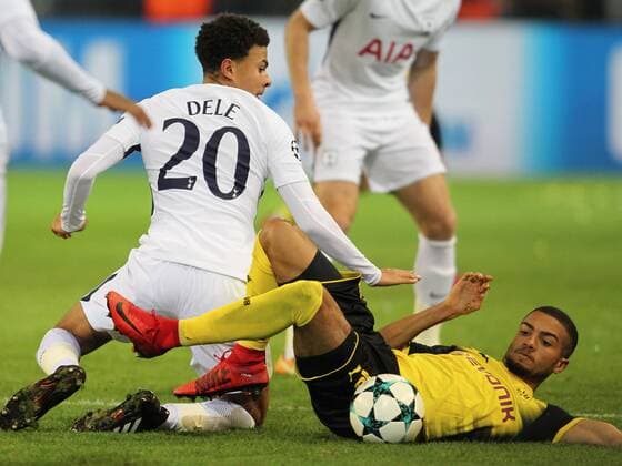 Borussia Dortmund v Tottenham Hotspur UEFA Champions League Jeremy Toljan of Borussia Dortmund and Dele Alli of Tottenham Hotspur during the UEFA Champions League match at Signal Iduna Park, Dortmund Content Not Available For UK Newspapers Copyright: xYannisxHalasx FIL-10982-0066