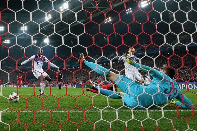 MOSCOW, RUSSIA â€“ NOVEMBER 21, 2017: Maribor s goalkeeper Jasmin Handanovic concedes a goal in the 2017 UEFA Champions League Group E football match between Spartak Moscow and Maribor at Spartak Stadium (Otkrytiye Arena); the match ended in a 1-1 draw. Sergei Bobylev TASS  TS06A096