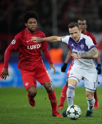 MOSCOW, RUSSIA â€“ NOVEMBER 21, 2017: Spartak Moscow s Luiz Adriano (L) and Maribor s Dino Hotic in the 2017 UEFA Champions League Group E football match between Spartak Moscow and Maribor at Spartak Stadium (Otkrytiye Arena); the match ended in a 1-1 draw. Sergei Bobylev TASS  TS06A08C