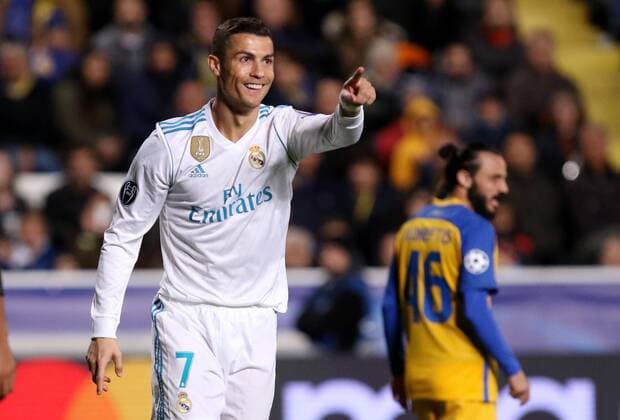(171122) -- NICOSIA, Nov. 22, 2017 -- Real Madrid s Cristiano Ronaldo celebrates during the the UEFA Champions League Group H match against Apoel in Nicosia, Cyprus, Nov. 21, 2017. Real Madrid won 6-0. ) (SP)CYPRIS-NICOSIA-SOCCER-UEFA CHAMPIONS LEAGUE-REAL MADRID VS APOEL SakisxSavvides 