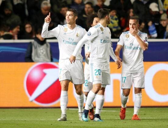 (171122) -- NICOSIA, Nov. 22, 2017 -- Real Madrid s Cristiano Ronaldo (1st L) celebrates with teammates during the the UEFA Champions League Group H match against Apoel in Nicosia, Cyprus, Nov. 21, 2017. Real Madrid won 6-0. ) (SP)CYPRIS-NICOSIA-SOCCER-UEFA CHAMPIONS LEAGUE-REAL MADRID VS APOEL SakisxSavvides 