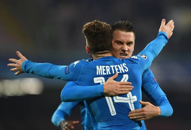 (171122) -- NAPOLI, Nov. 22, 2017 -- Napoli s Piotr Zielinski (rear) celebrates with teammate Dries Mertens during the Champions League Group F soccer match against Shakhtar Donetsk in Naples, Italy, on Nov. 21, 2017. Napoli won 3-0. ) (SP)ITALY-NAPOLI-SOCCER-UEFA CHAMPIONS LEAGUE-NAPOLI VS SHAKHTAR DONETSK AlbertoxLingria 