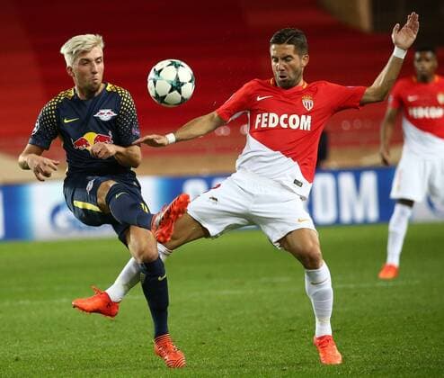(171122) -- FONTVIEILLE, Nov. 22, 2017 -- Joao Moutinho (R) of Monaco competes with Kevin Kampl of Leipzig during their Group G match of UEFA Champions League in Fontvieille, Monaco on Nov. 21, 2017. Monaco was defeated 1-4.) (SP)MONACO-FONTVIEILLE-CHAMPIONS LEAGUE-MONACO VS LEIPZIG SergexHaouzi 