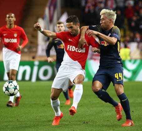 (171122) -- FONTVIEILLE, Nov. 22, 2017 -- Joao Moutinho (L) of Monaco competes with Kevin Kampl of Leipzig during their Group G match of UEFA Champions League in Fontvieille, Monaco on Nov. 21, 2017. Monaco was defeated 1-4.) (SP)MONACO-FONTVIEILLE-CHAMPIONS LEAGUE-MONACO VS LEIPZIG SergexHaouzi 