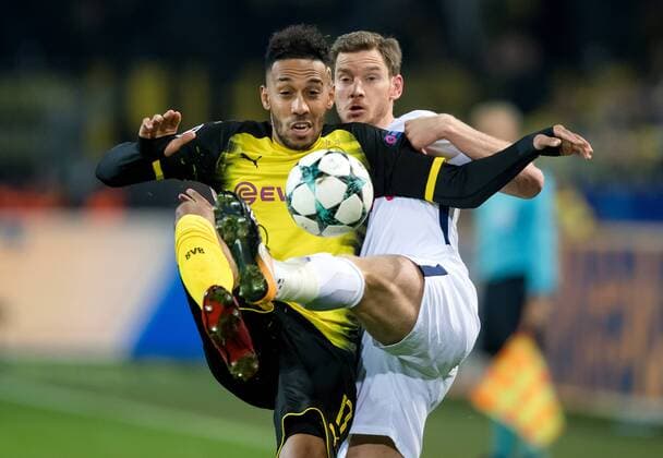 21 November 2017 Dortmund Signal Iduna Park Soccer UEFA Champions League Borussia Dortmund Tottenham Hotspur Dortmunds Pierre Emerick Aubameyang scored against Tottenhams Jan Vertonghen