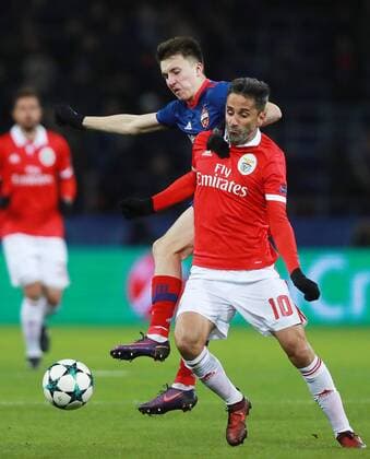 MOSCOW, RUSSIA â€“ NOVEMBER 22, 2017: Benfica Lisbonâ€™s Jonas (front) and CSKA Moscow s Alexander Golovin in their 2017 18 UEFA Champions League Group A Round 5 football match at VEB Arena. Sergei Fadeichev TASS  TS06A2B4