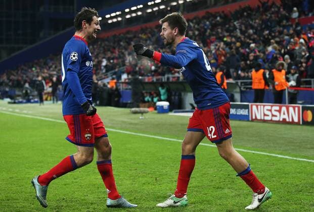 MOSCOW, RUSSIA â€“ NOVEMBER 22, 2017: CSKA Moscow s Alan Dzagoyev (L) and Georgy Shchennikov celebrate scoring against Benfica Lisbon in their 2017 18 UEFA Champions League Group A Round 5 football match at VEB Arena. Stanislav Krasilnikov TASS  TS06A2C4